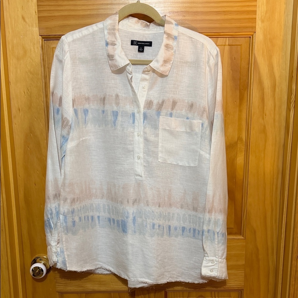 INC International Concepts White Popover Tunic Blue & Tan Tie-Dye & Fringe Hem